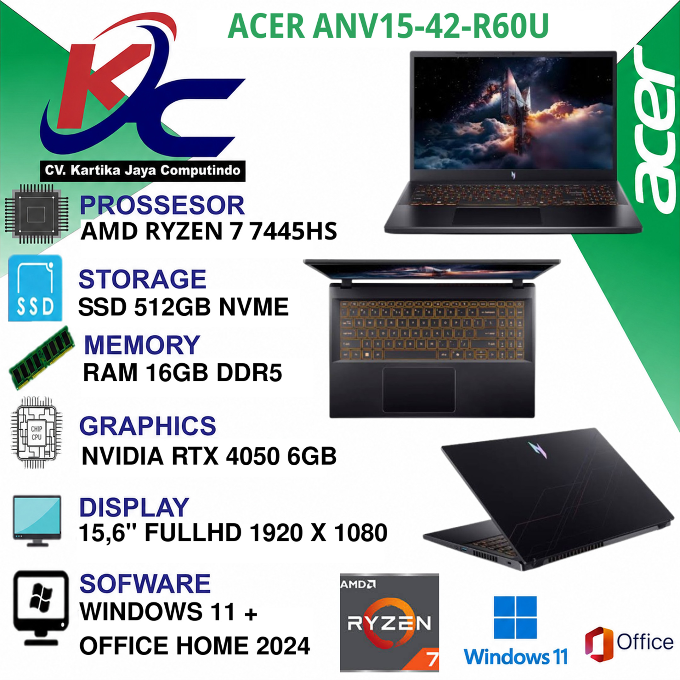 ACER ANV15-42-R60U  R7-7445HS/ 16GB/ SSD512/ RTX4050/ W11 OHS BLACK